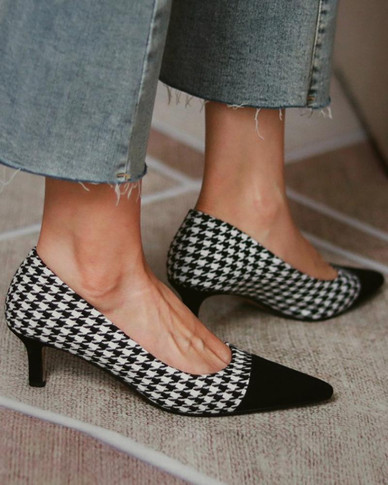 

Pointed Toe Houndstooth Print Suede Heels, Gray