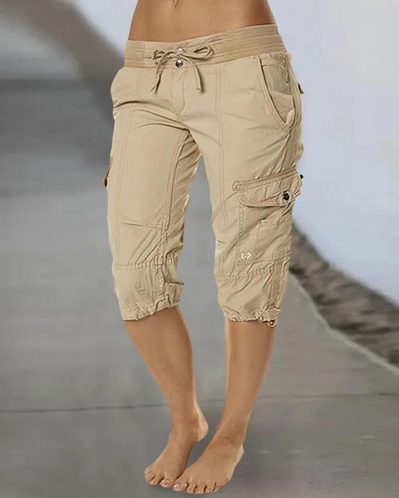 

Pocket Detail Drawstring Capris Pants, Khaki