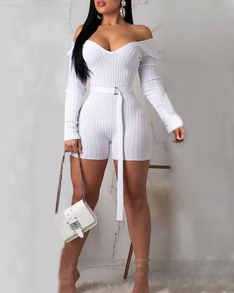 

Long Sleeve Off Shoulder Solid Color Romper (With Belt), White