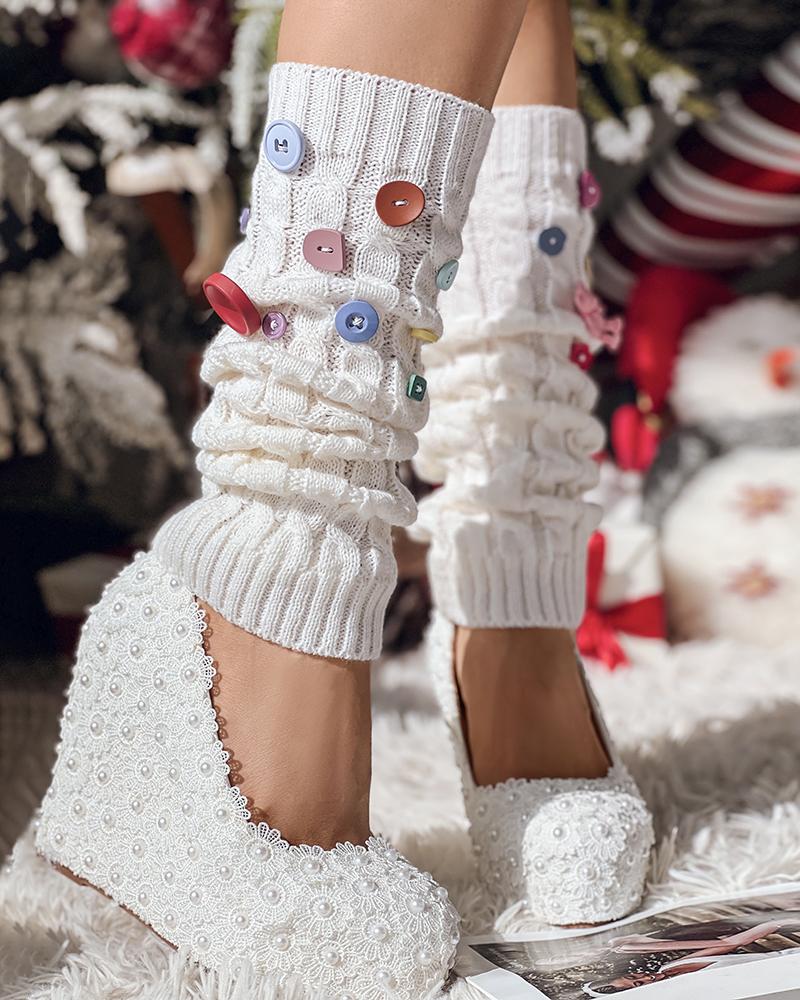 

1Pair Button Decor Knit Leg Warmers, White