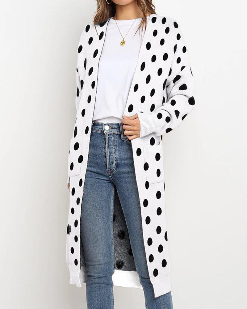 

Polka Dot Open Front Casual Cardigan, White