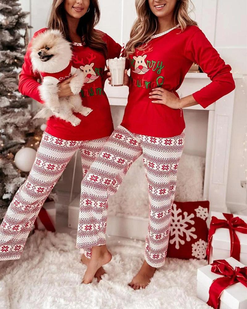 

Christmas Letter Snowflake Cartoon Elk Print Pajamas Set, Red