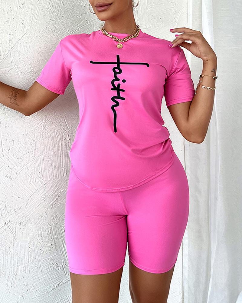 

Faith Print Casual Top & Shorts Set, Pink