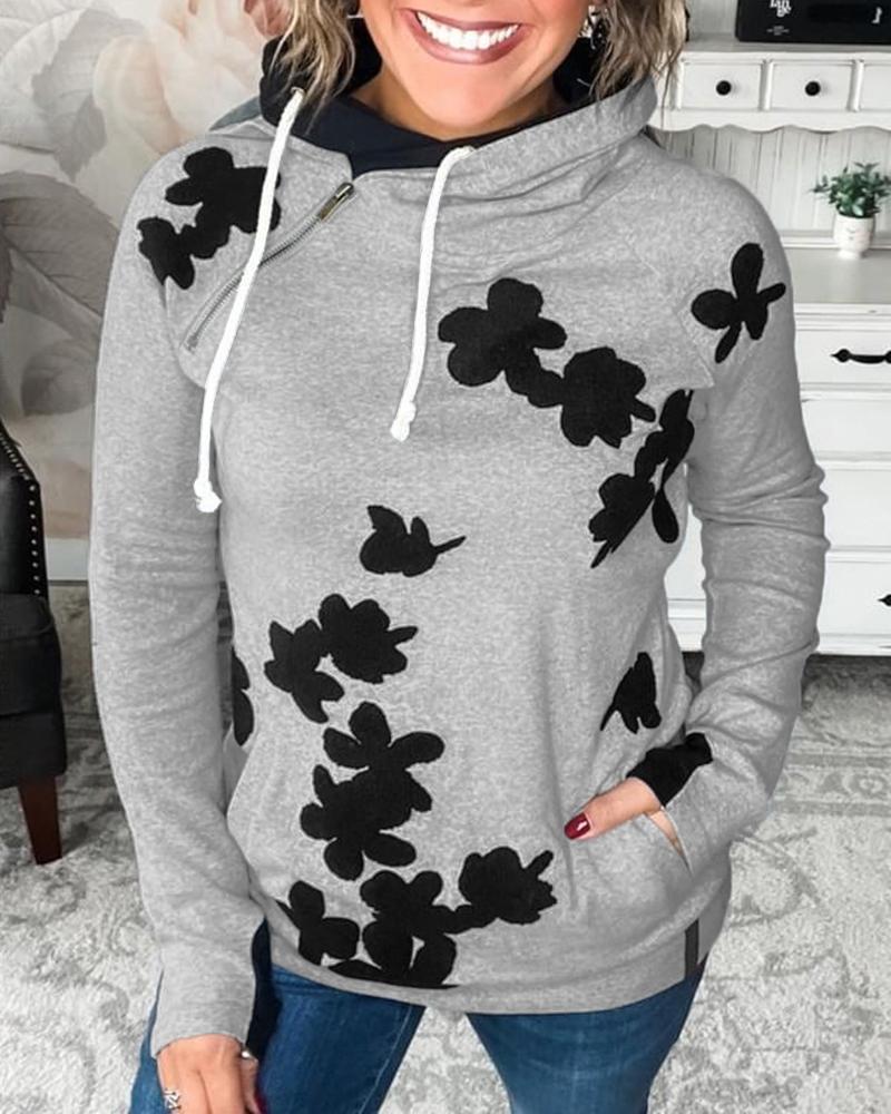 

Floral Pattern Long Sleeve Hoodie, Gray