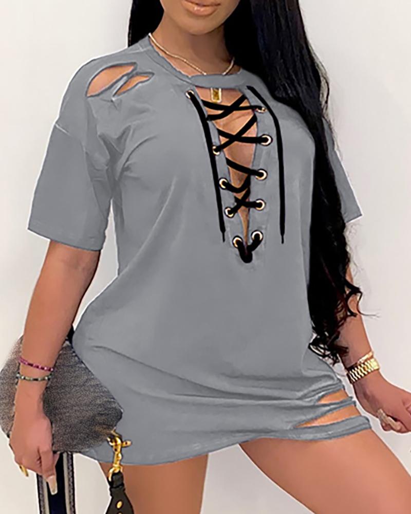 

Lovely Sexy Bandage Design Hollow-out Black Dress, Gray