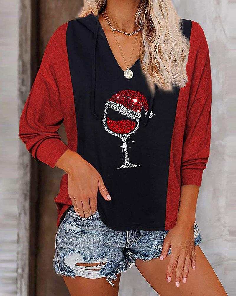 

Christmas Colorblock Red Wine Glass Rhinestone V Neck Top, Dark red