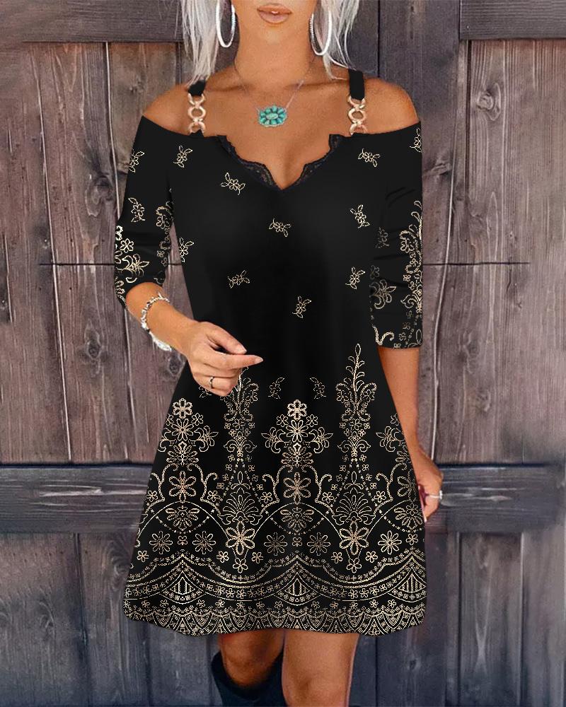 

Tribal Print Cold Shoulder Casual Dress, Black