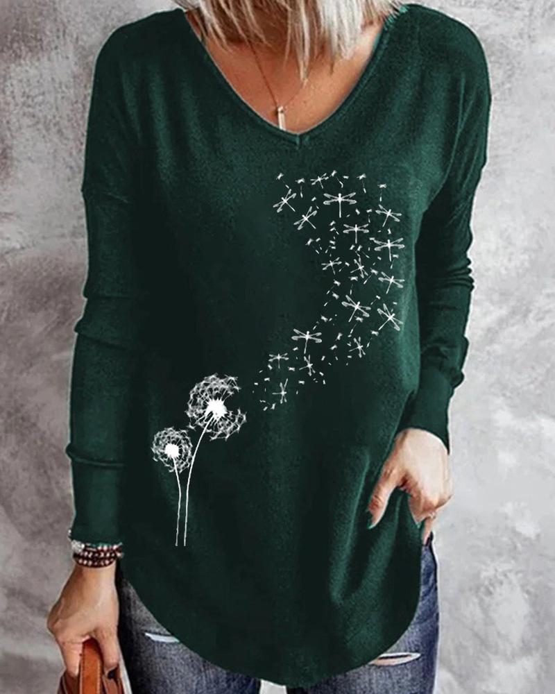 

Dandelion Print V-Neck Long Sleeve T-shirt, Dark green