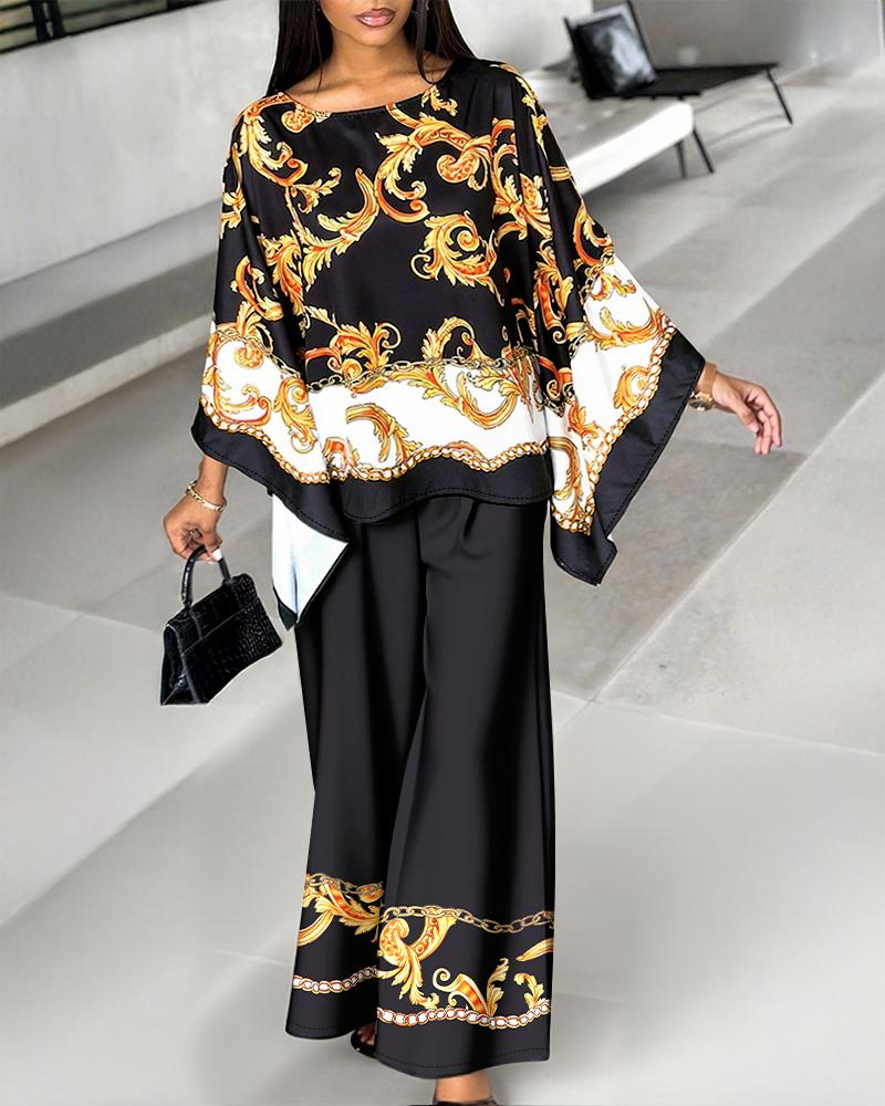 

2 Pieces Outfit Baroque Print Batwing Sleeve Loose Top and Casual Elastic Waist Straight Leg Pants Set, Black