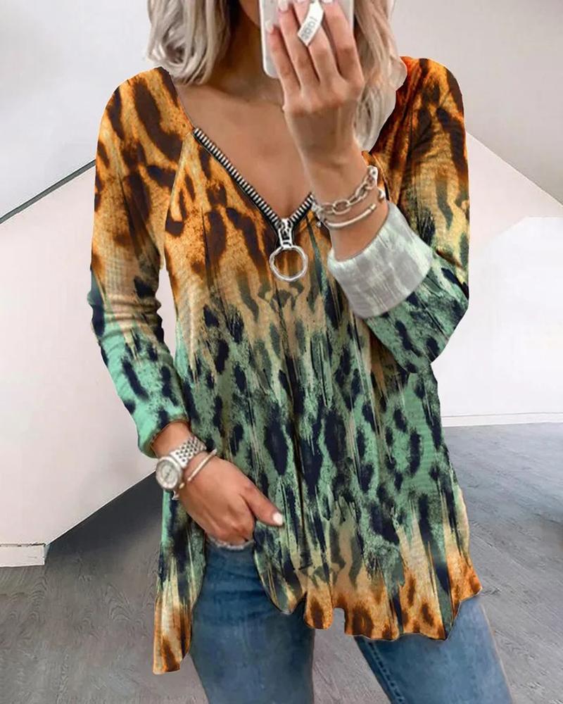 

Leopard Print Zip Detail Long Sleeve Top