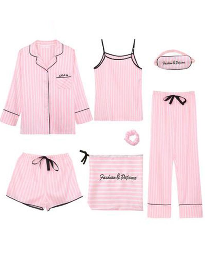 

Satin 7-Piece Pajama Set, Pink