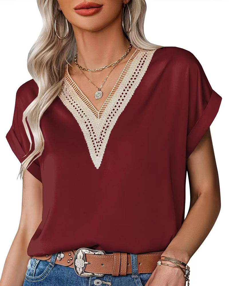 

Satin Cap Sleeve Contrast Lace Top, Wine red