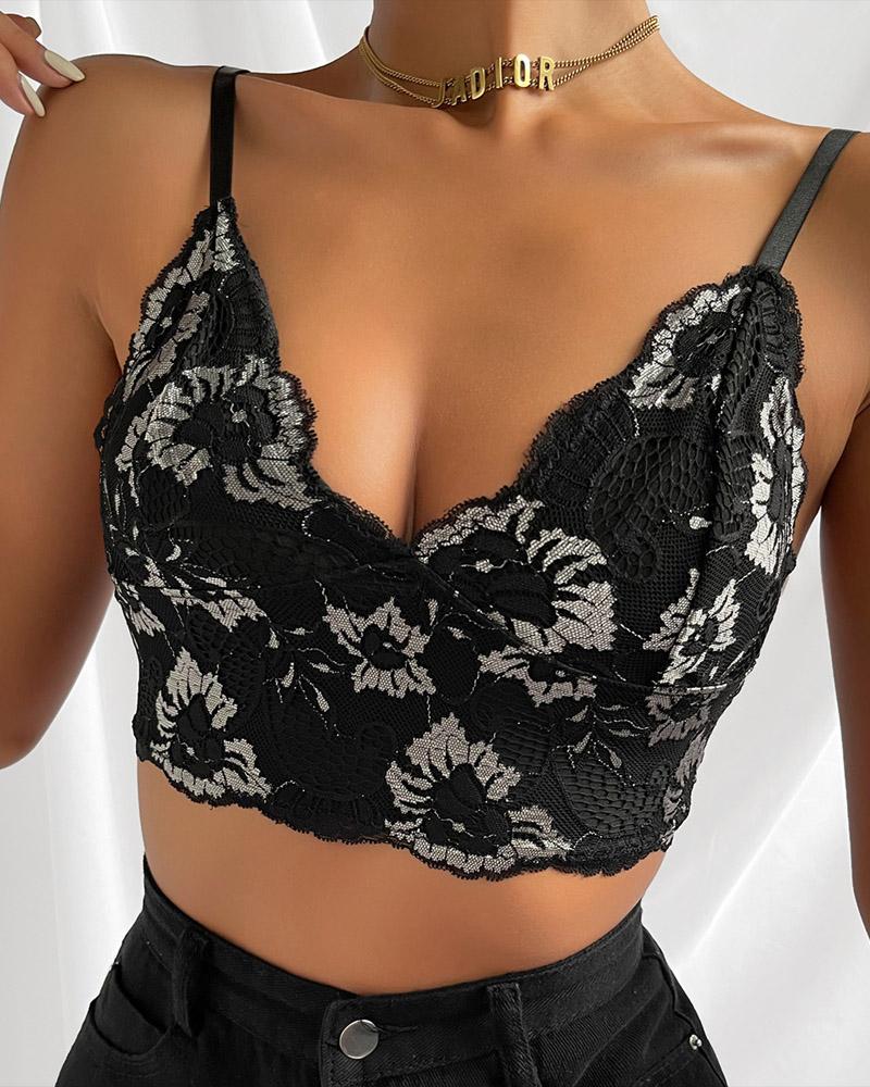 

Embroidery Floral Lace Crop Cami Top, Black