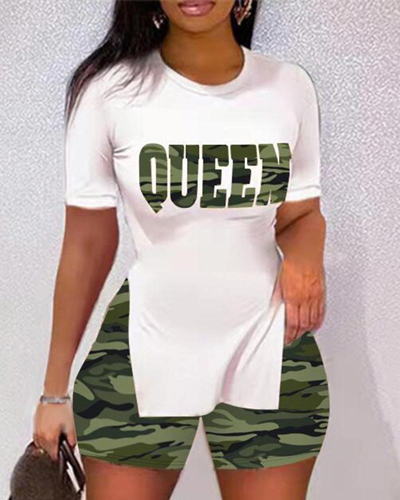 

Queen Camo Print Split Hem Top & Shorts Set, White