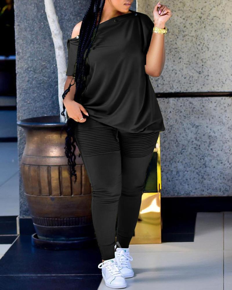 

Cold Shoulder Top & Ruched Pants Set, Black