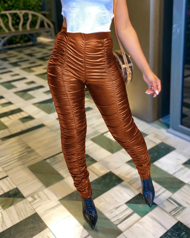 

Solid Color Skinny Leather Pants, Brown