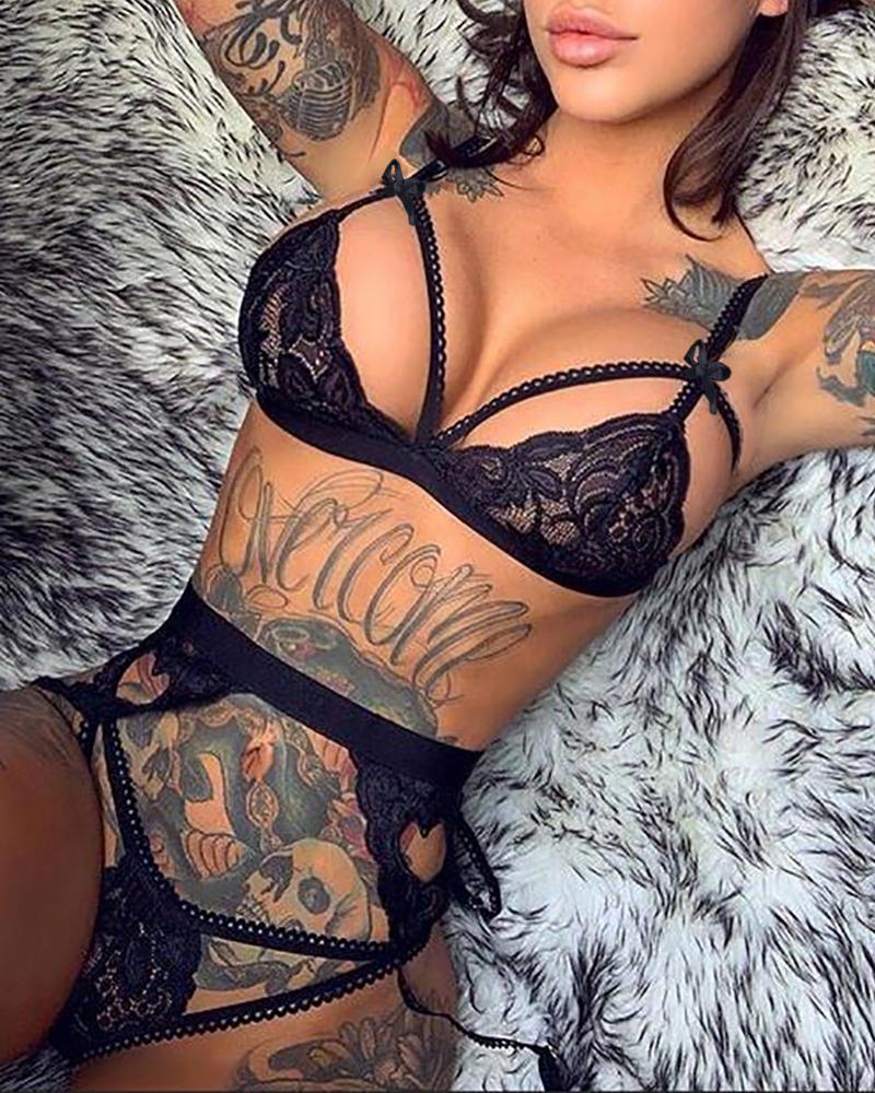 

Crochet Lace Cutout Garter Lingerie Set, Black