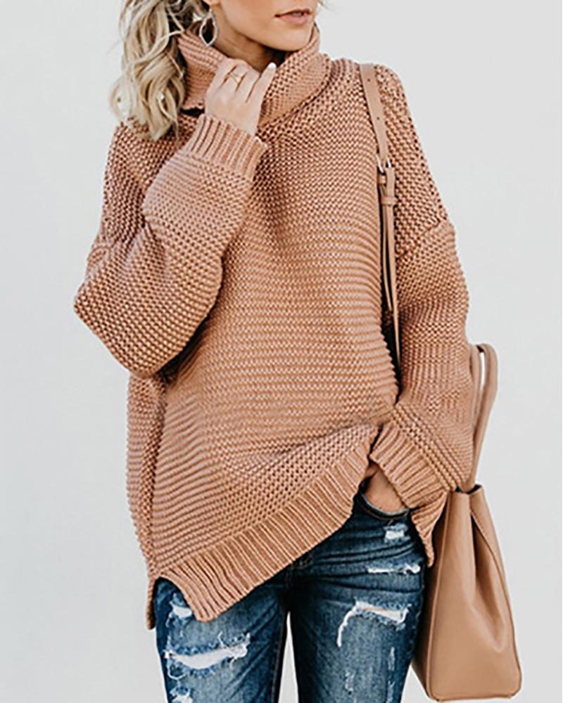 

High Neck Long Sleeve Slit Casual Knit Sweater, Khaki