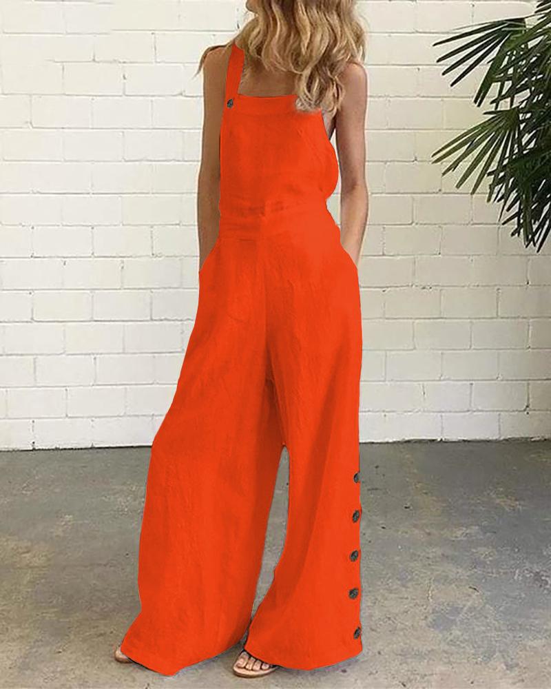 

Buttoned Pocket Design Wide Leg Suspender Jumpsuit, Orange