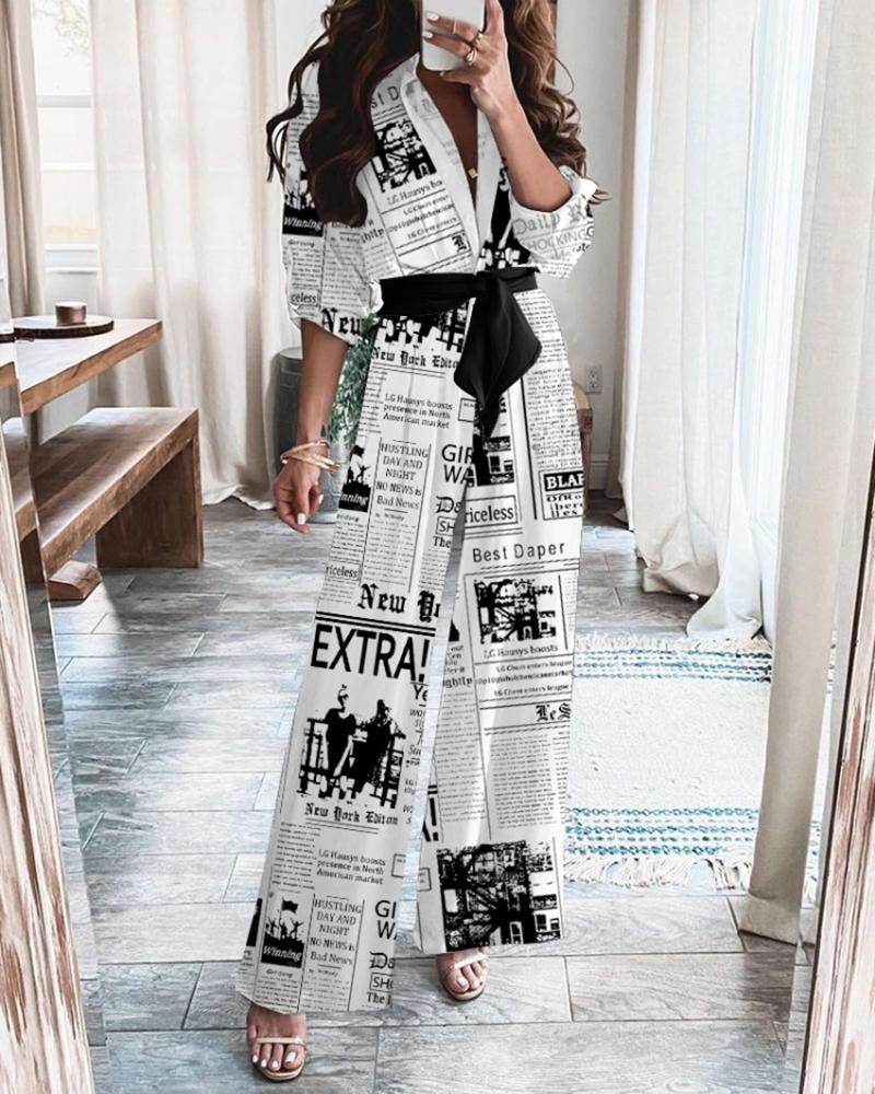 

Newspaper Print Tied Detail Half Sleeve Jumpsuit, White