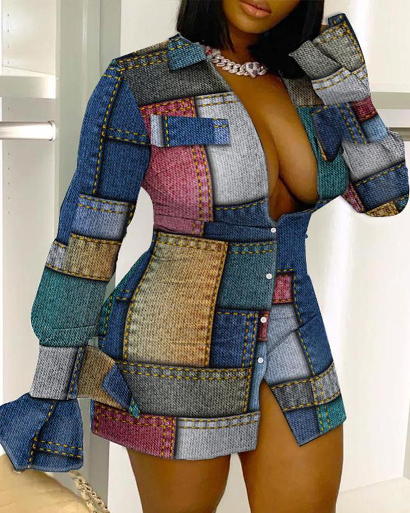 

Plus Size Denim Look Print Long Sleeve Button Down Shirt Dress, Multicolor
