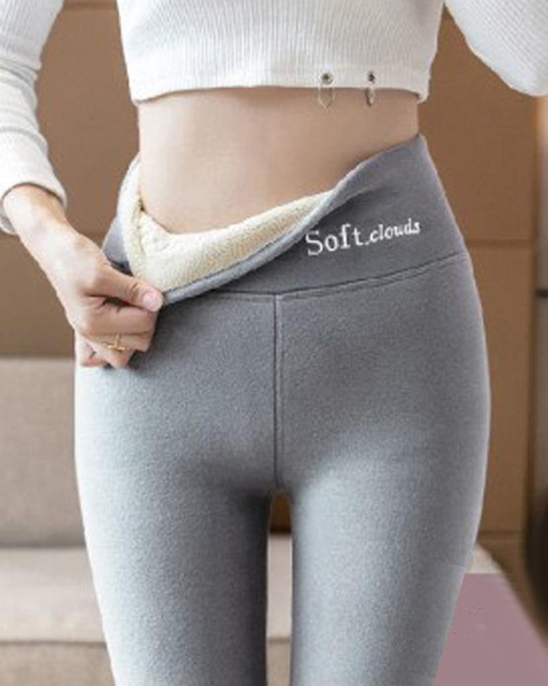 

Embroidery Letter High Waist Thermal Warm Fleece Lined Leggings, Light gray