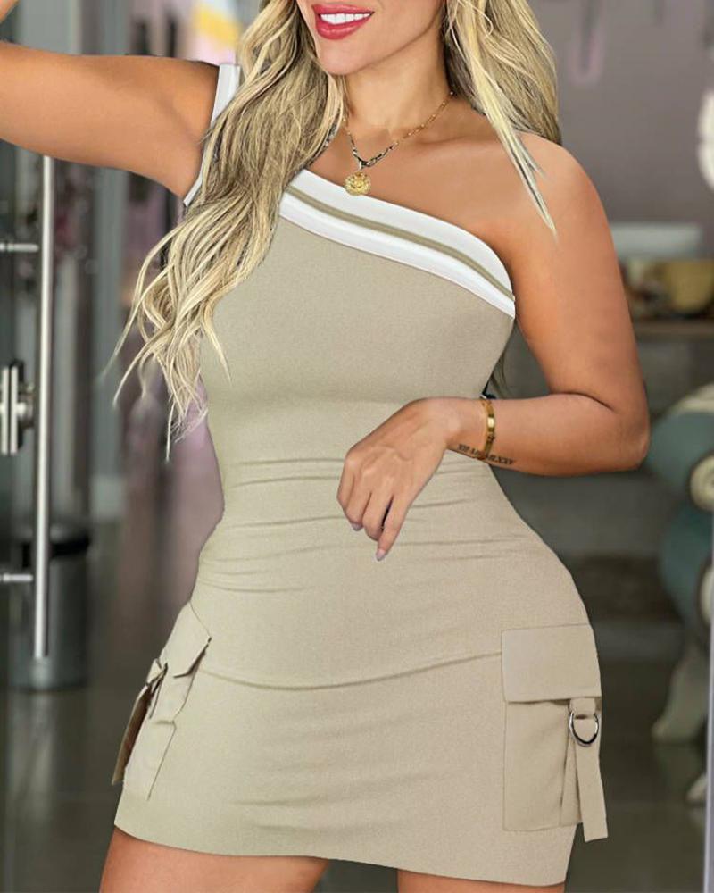 

Vestido bodycon listrado com bolso de um ombro e design, Khaki