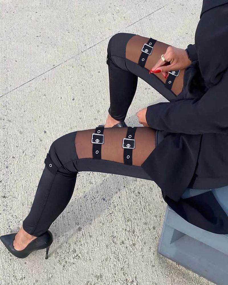 

Sheer Mesh Patch Buckled Skinny Pants, Black