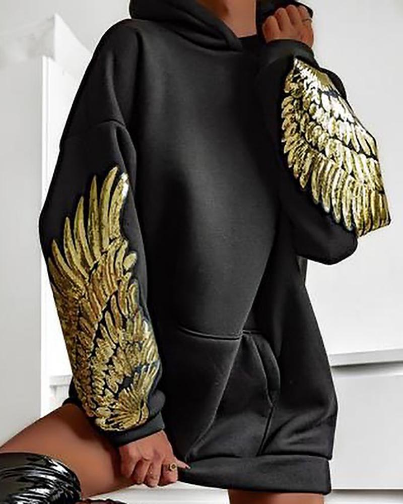 

Wing Pattern Sequins Hooded Sweatshirt Dress, Black