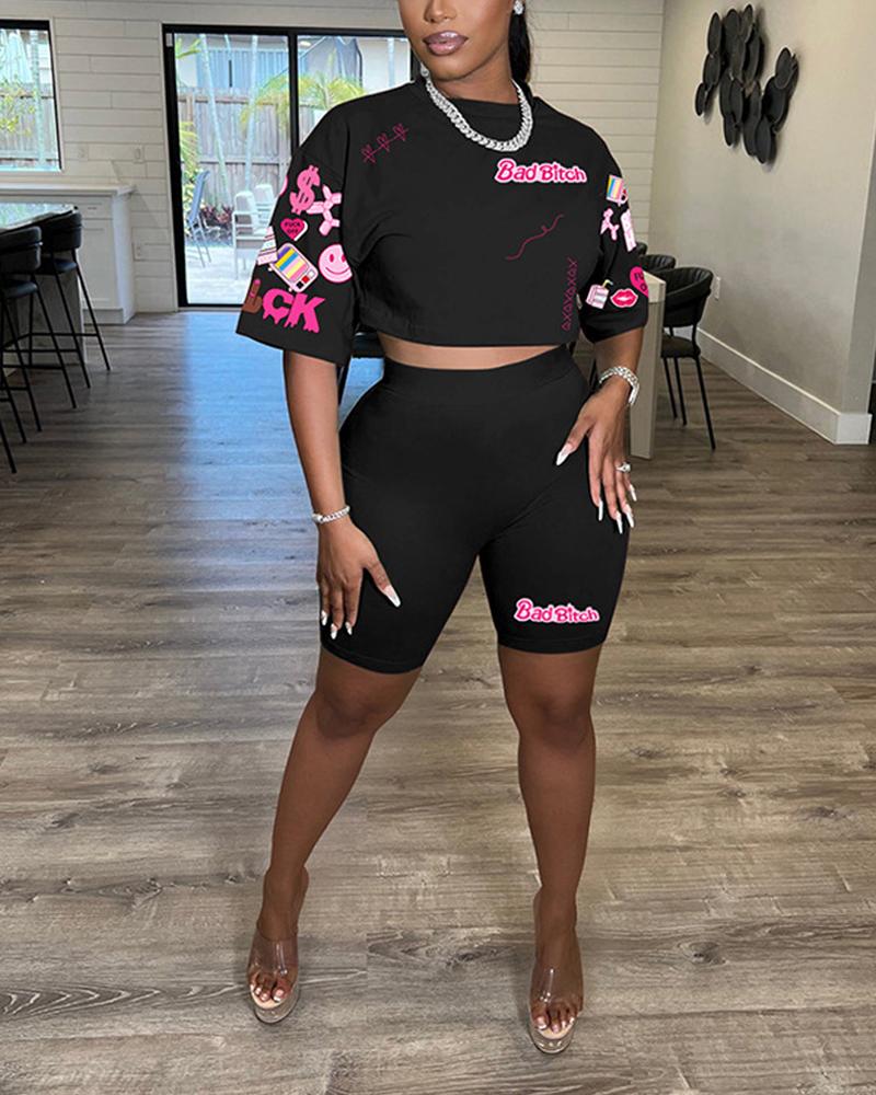 

Cartoon Graphic Letter Pattern Top & Shorts Set, Black