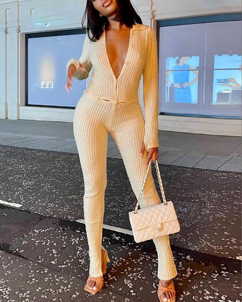 

Long Sleeve Button Design Skinny Slit Jumpsuit, Beige