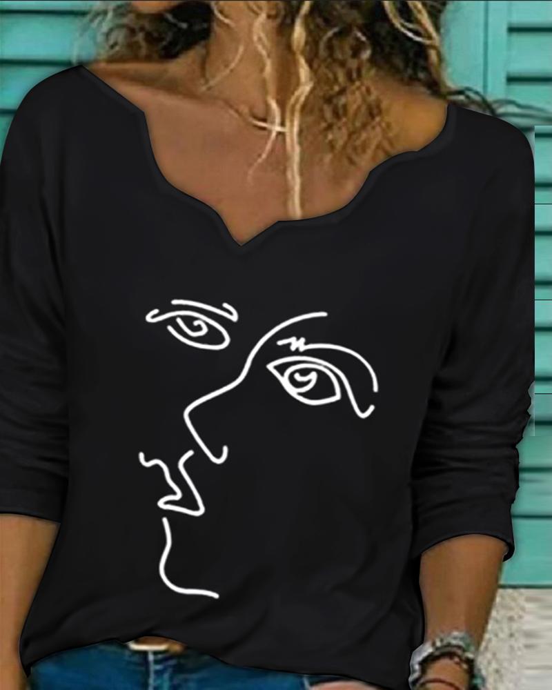 

Abstract Figure Print Long Sleeve Top, Black