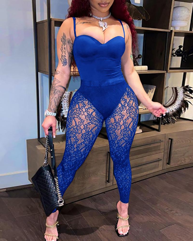 

Spaghetti Strap Bodysuit & Lace Patch Pants Set, Blue