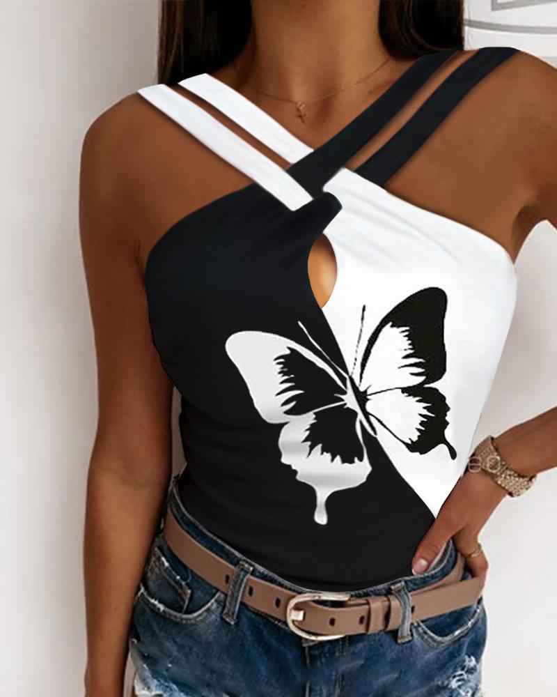 

Butterfly Print Colorblock Crisscross Halter Tank Top, Blackwhite