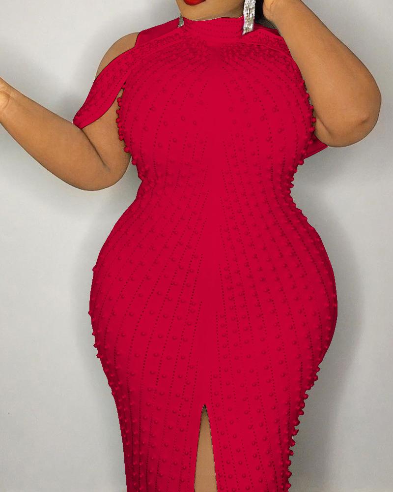 

Plus Size Beaded Decor Split Hem Party Dress, Red