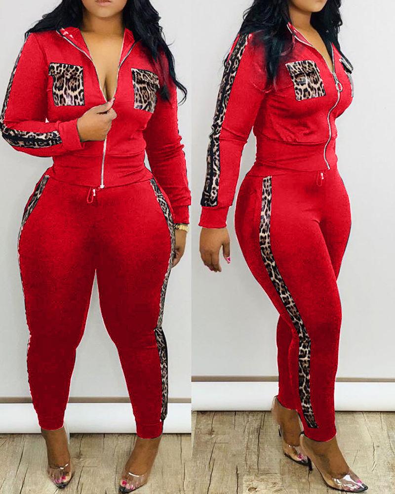 

Plus Size Contrast Leopard Zip Up Top & Pants Set, Red