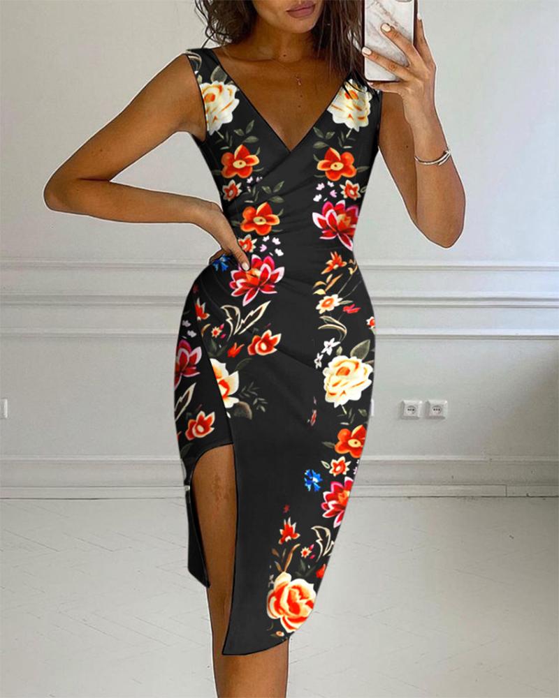 

Floral Print High Slit Ruched Wrap Dress, Black