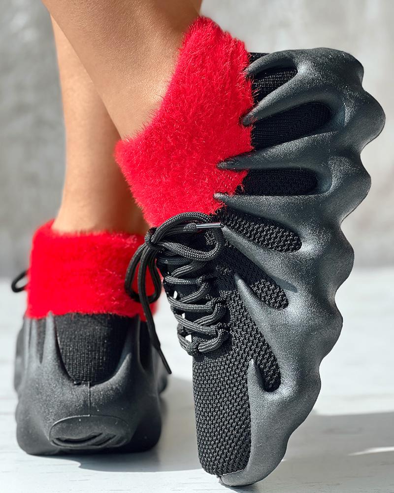 

Lace-up Octopus Knit Breathable Sneakers, Black&red