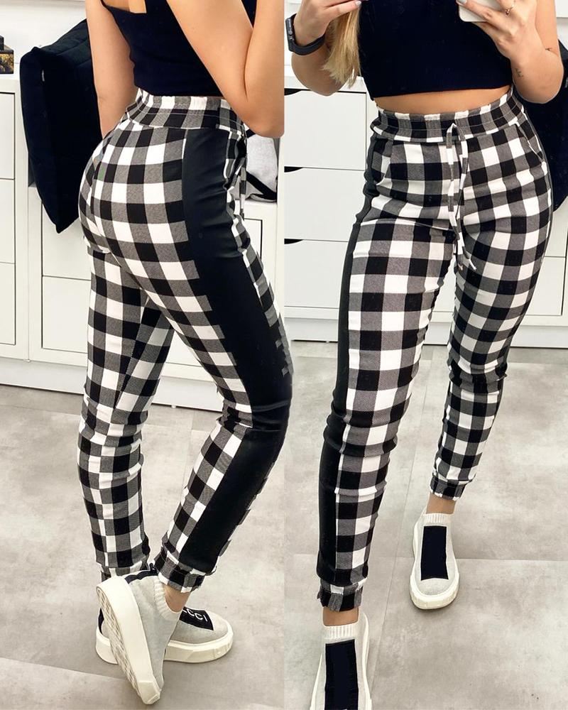 

High Waist Plaid Print Colorblock Drawstring Pants, Black