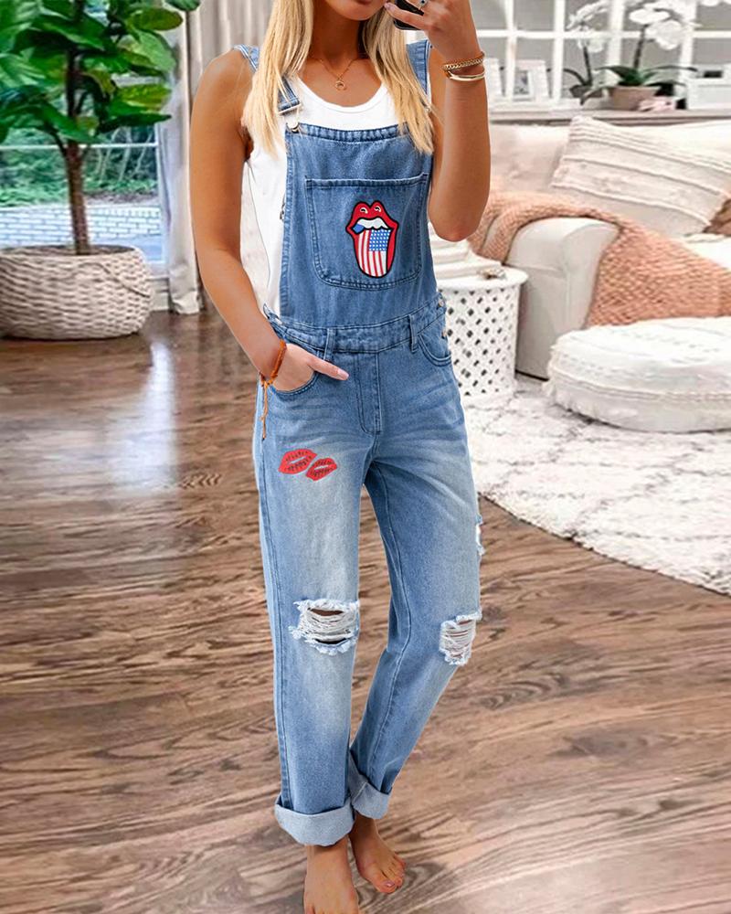 

Lip Flag Print Ripped Denim Suspender Jumpsuit, Blue