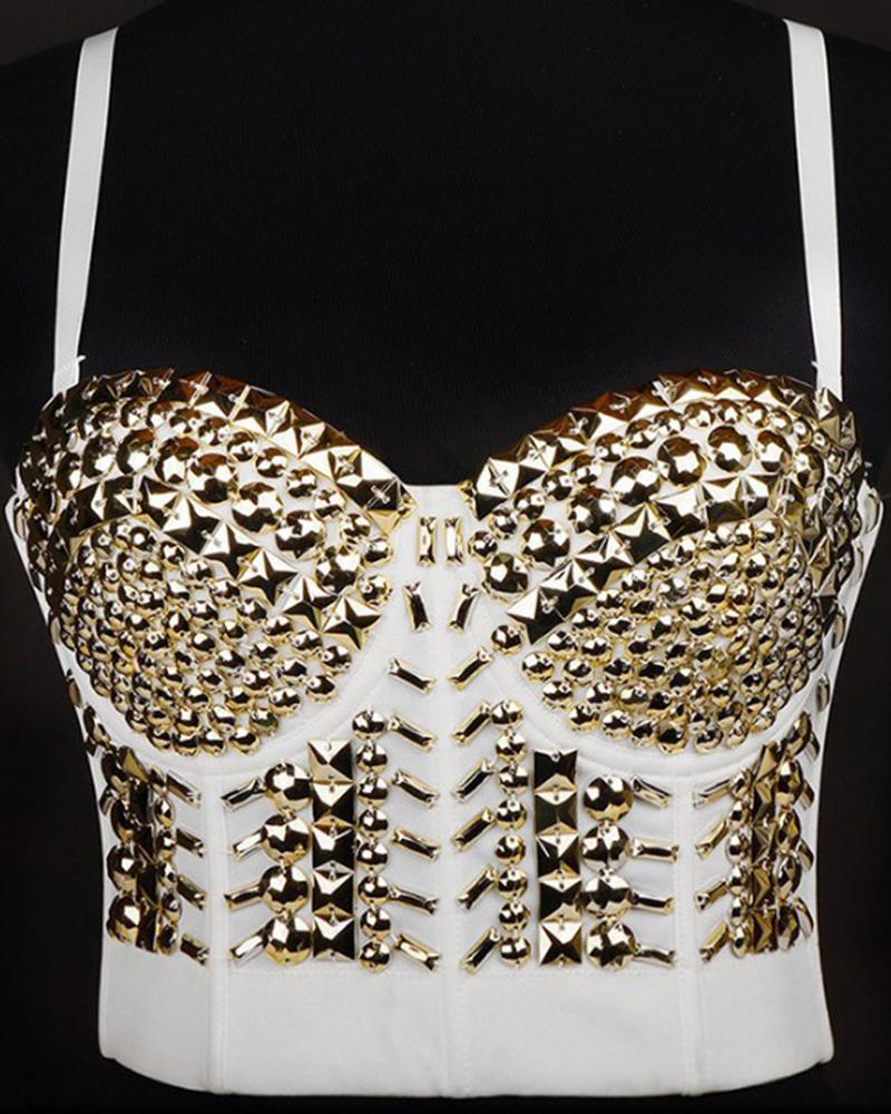 

Geometric Sequin Removable Strap Crop Corset Top, White