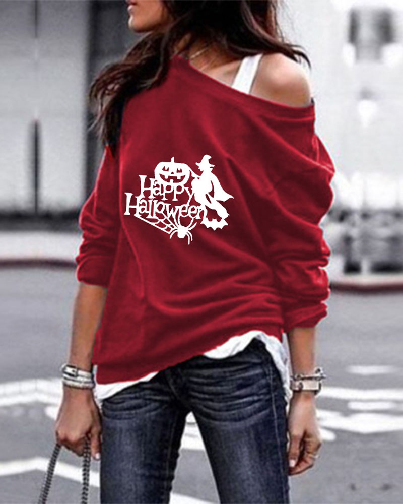 

Halloween Letter Graphic Print Long Sleeve Sweatshirt, Wine red