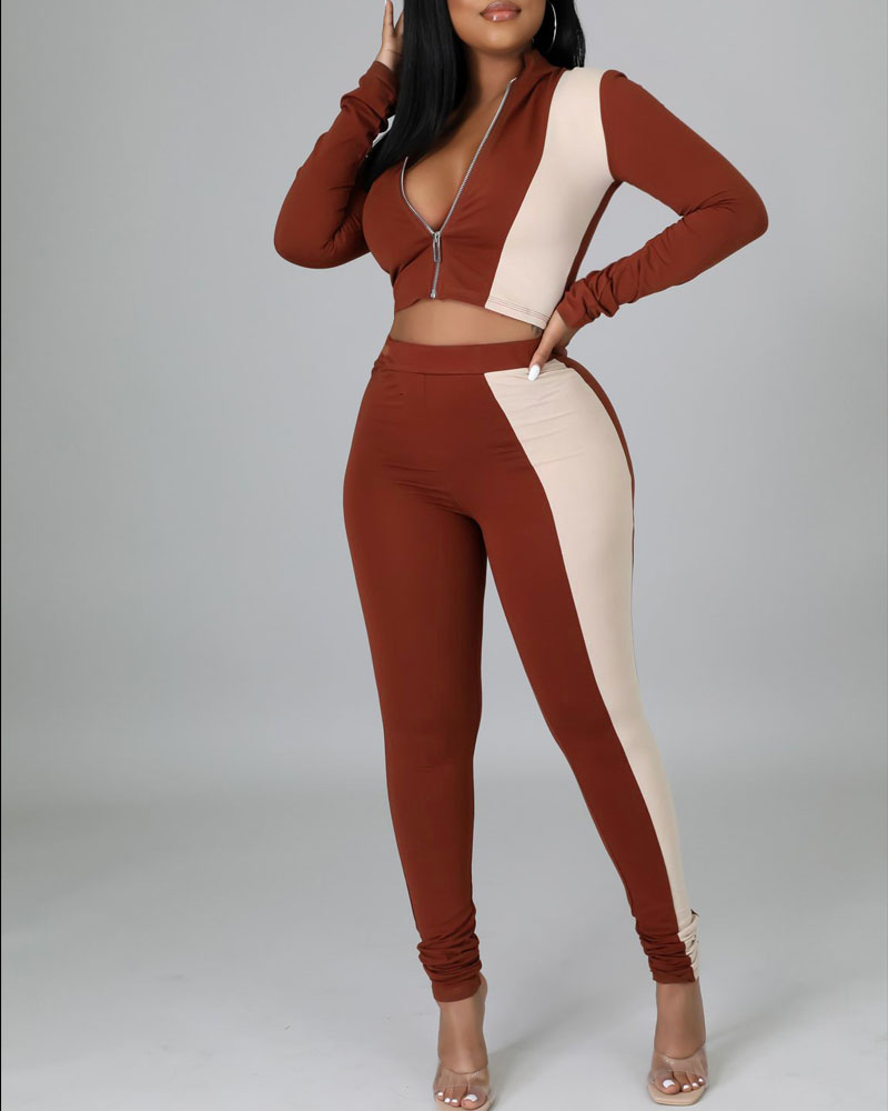 

Color Block Zip Up Crop Top & Pants Set, Brown