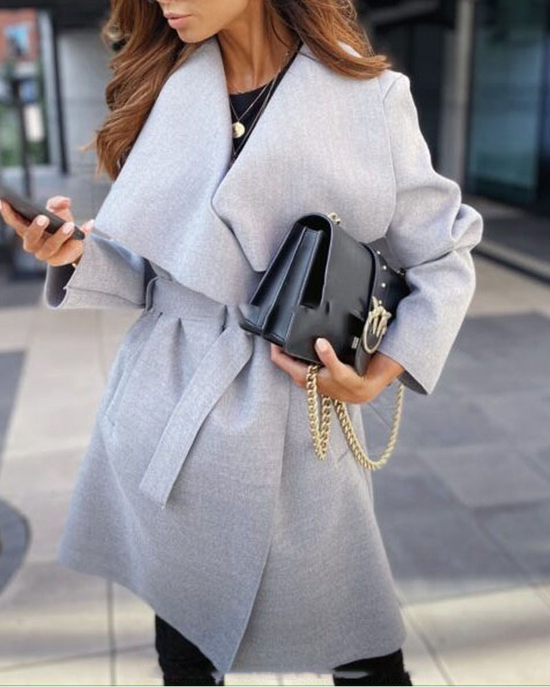 

Long Sleeve Belted Open Front Coat, Gray