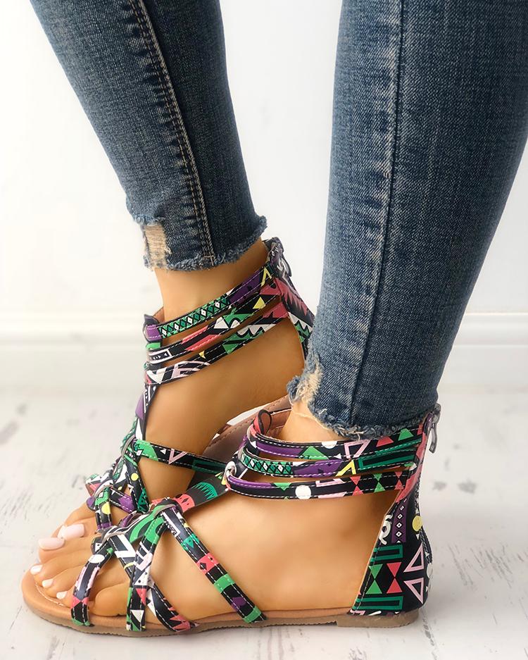 

Graffiti Print Strappy Bandage Flat Sandals, Green