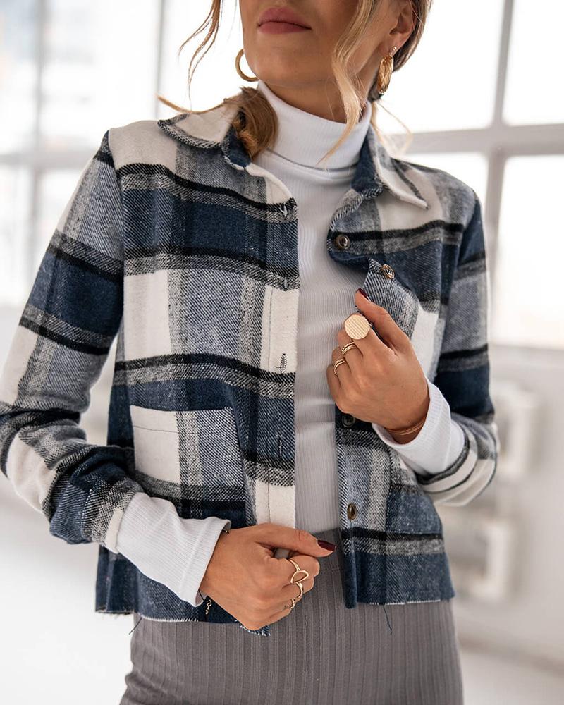 

Long Sleeve Plaid Print Buttoned Pocket Design Shacket, Blue