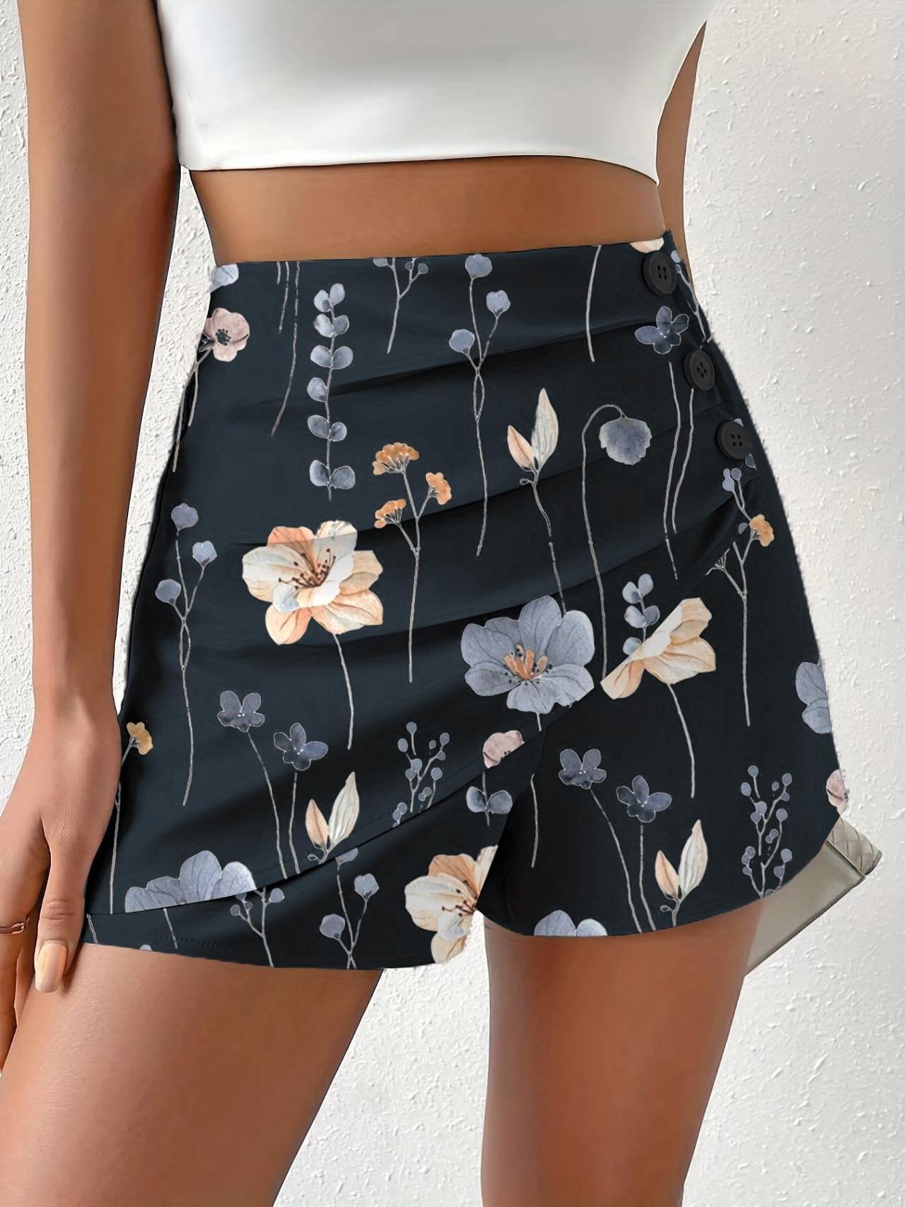 

Floral Print Side Button Ruched Shorts, Black