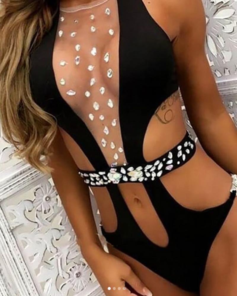 

Sheer Mesh Studded One Piece Swimsuit, Black