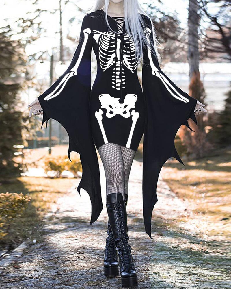 

Halloween Skeleton Print Batwing Sleeve Bodycon Dress, Black