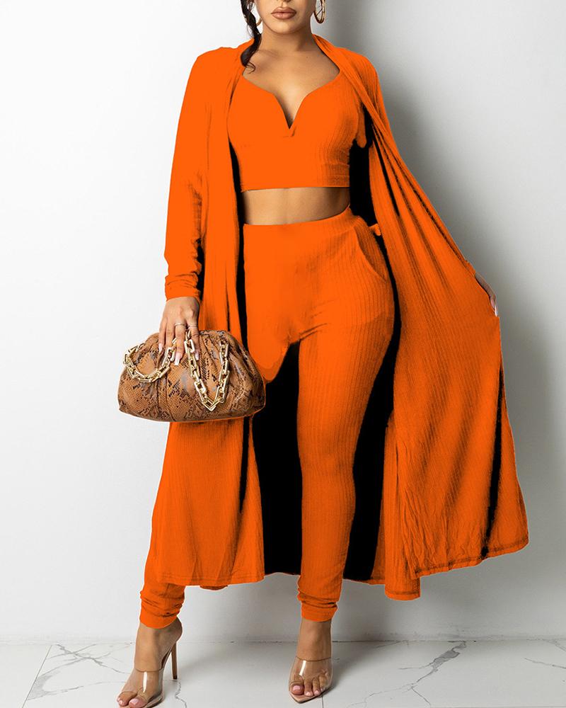 

Ribbed Notched Crop Tank Top & Pants With Longline Cardigan Set, Orange